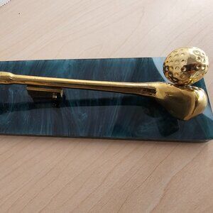 RUSS BRASS GOLF CLUB & BALL SPRING LOADED PAPER WEIGHT 6" Dad Boss Office Home